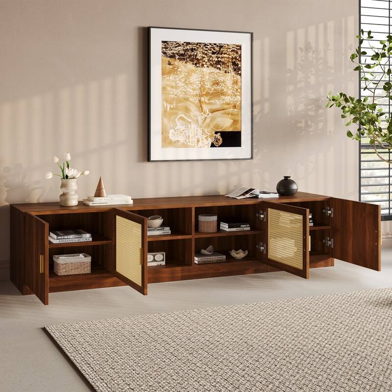 Rustic 78" TV Stand for TVs Up to 85", TV Console with Rattan Doors and Adjustable Shelf