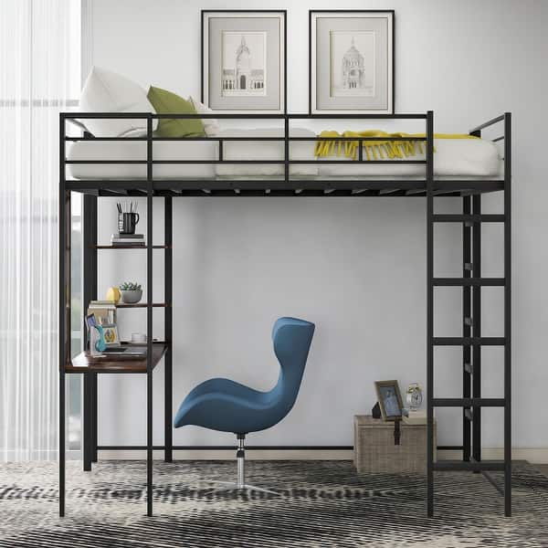 slide 2 of 28, Full Size Metal Loft Bed,Metal High Loft Bed Frame with Wooden Desk Black - Full