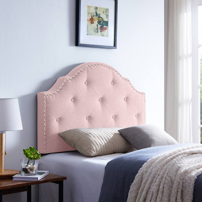 Modern Button Tufted Twin Size Upholstered Headboard with Nailhead Trim and Adjustable Height - Blush