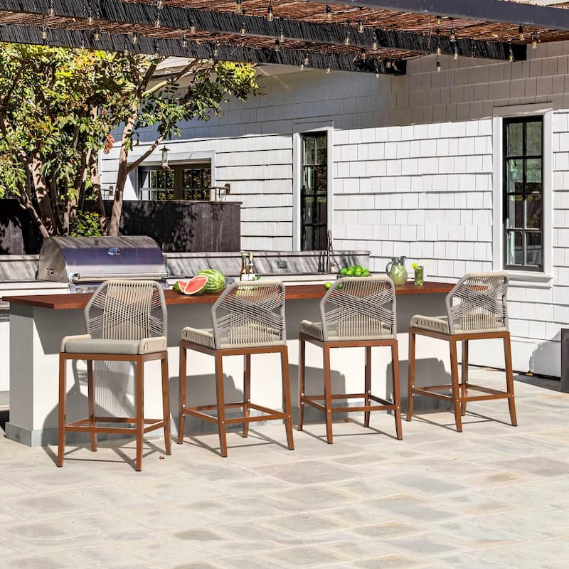Modern Aluminum Twill Woven Outdoor Bar Stool, Counter Height Chair with Back and Cushion - 40.6"H