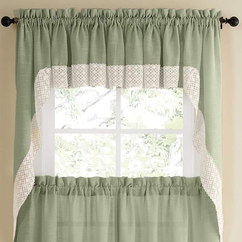 Sage Country Style Curtain Parts with White Daisy Lace Accent (Separates-Tiers, Swags and Valances) - Swag Pair - Sage