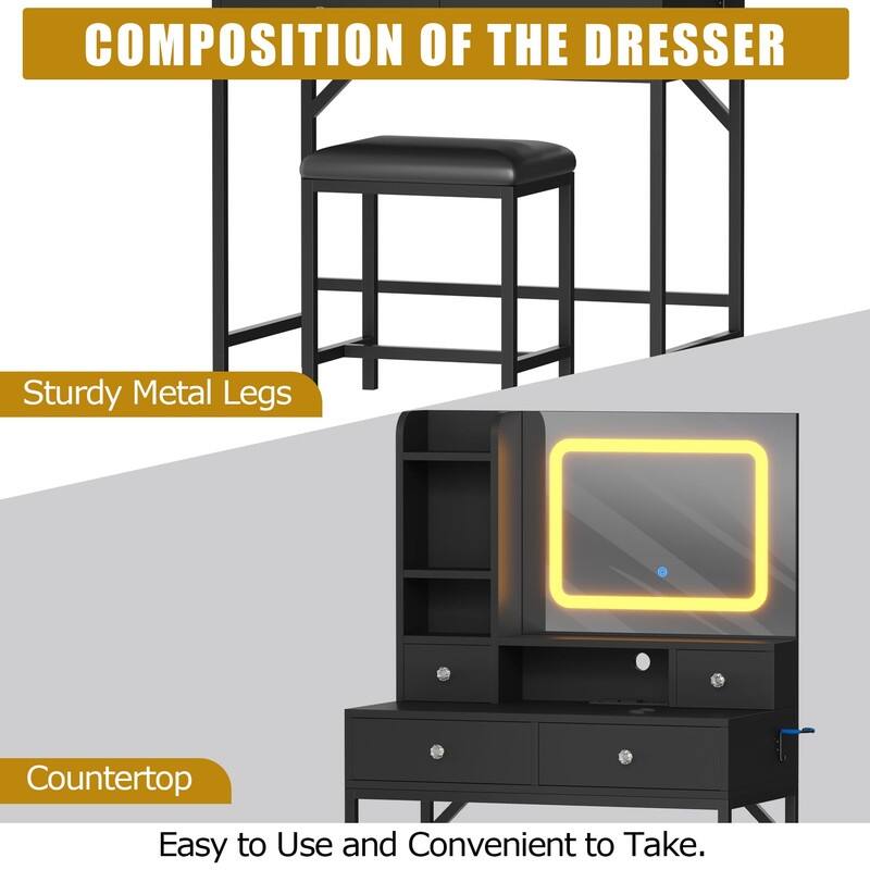 Makeup Vanity with Mirror and LED Lights, Charging Station, 4 Drawers, Shelves, Stool