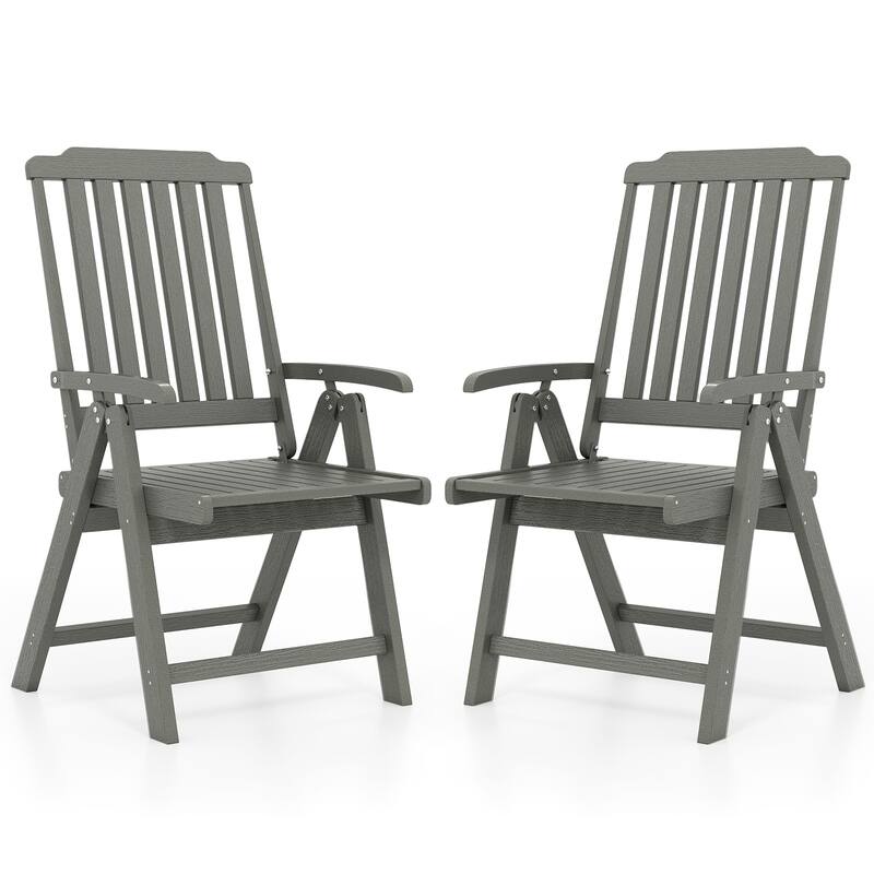 Gymax 2PCS Foldable Patio Chair w/Armrest Curved Back Slatted Seat for - Grey