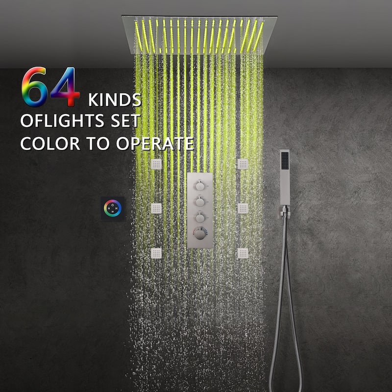 brushed nickel 20 inch 64 LED color light rain head 3 way thermostatic shower - 7'6" x 10'9"