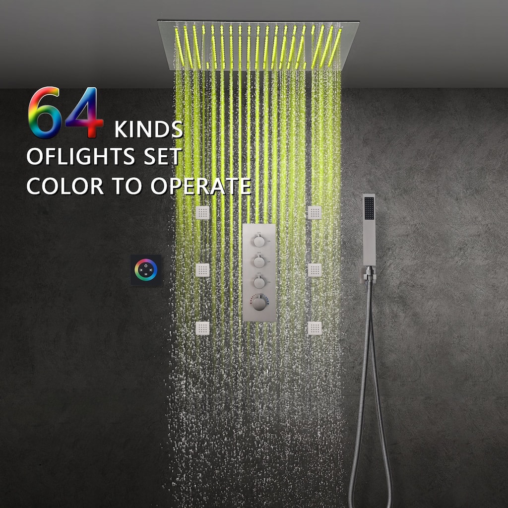 brushed nickel 20 inch 64 LED color light rain head 3 way thermostatic shower - 7'6" x 10'9"