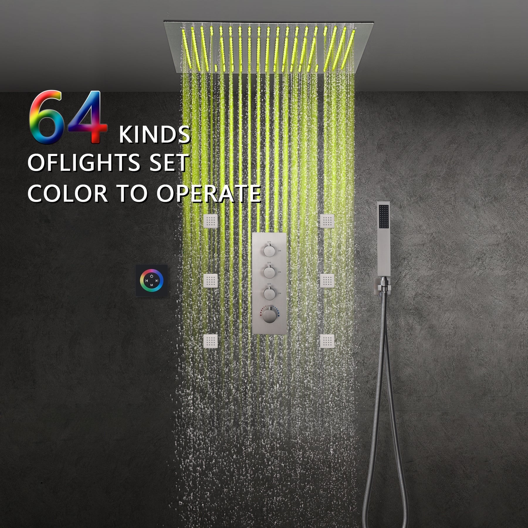 brushed nickel 20 inch 64 LED color light rain head 3 way thermostatic shower - 7'6" x 10'9"