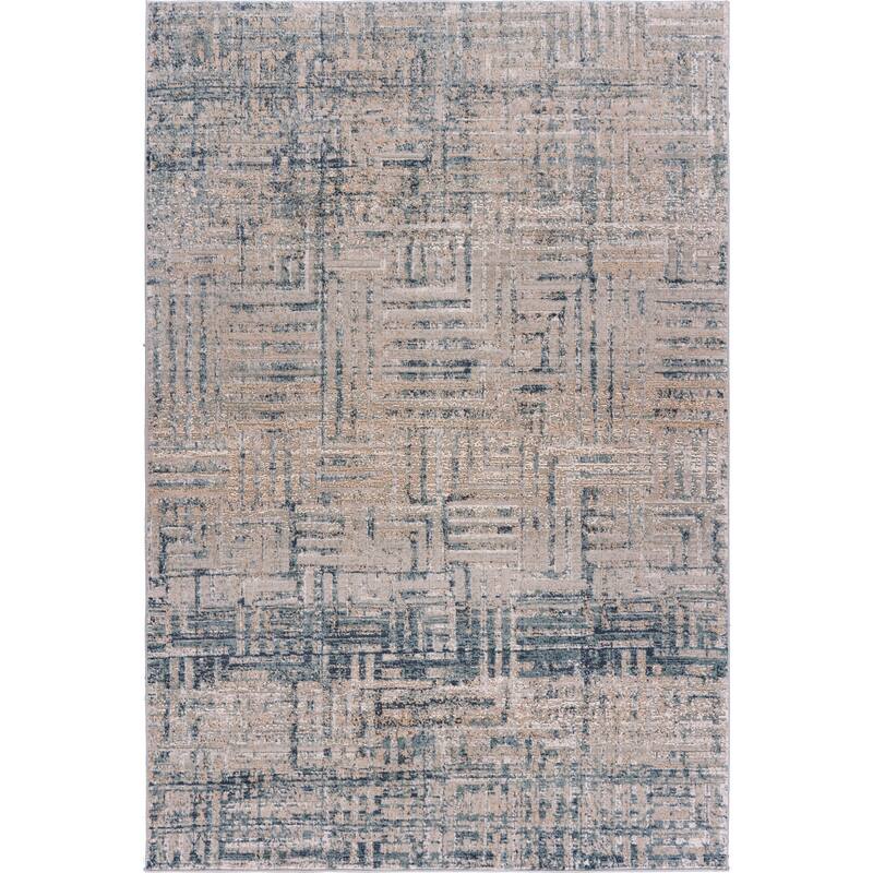 Sevita Carved Transitional Geometric Polyester Area Rug, Cream and Blue - 2'2" x 7'7"