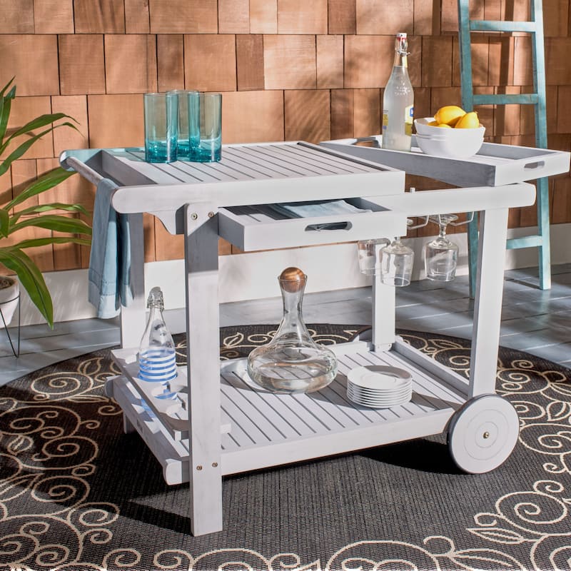 SAFAVIEH Outdoor Nallely Acacia Wood Tea Trolly - 24Wx39Dx30H