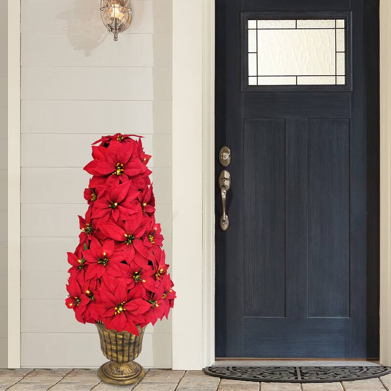 Puleo International 36" Pre-Lit Battery-Operated Artificial Potted Red Poinsettias