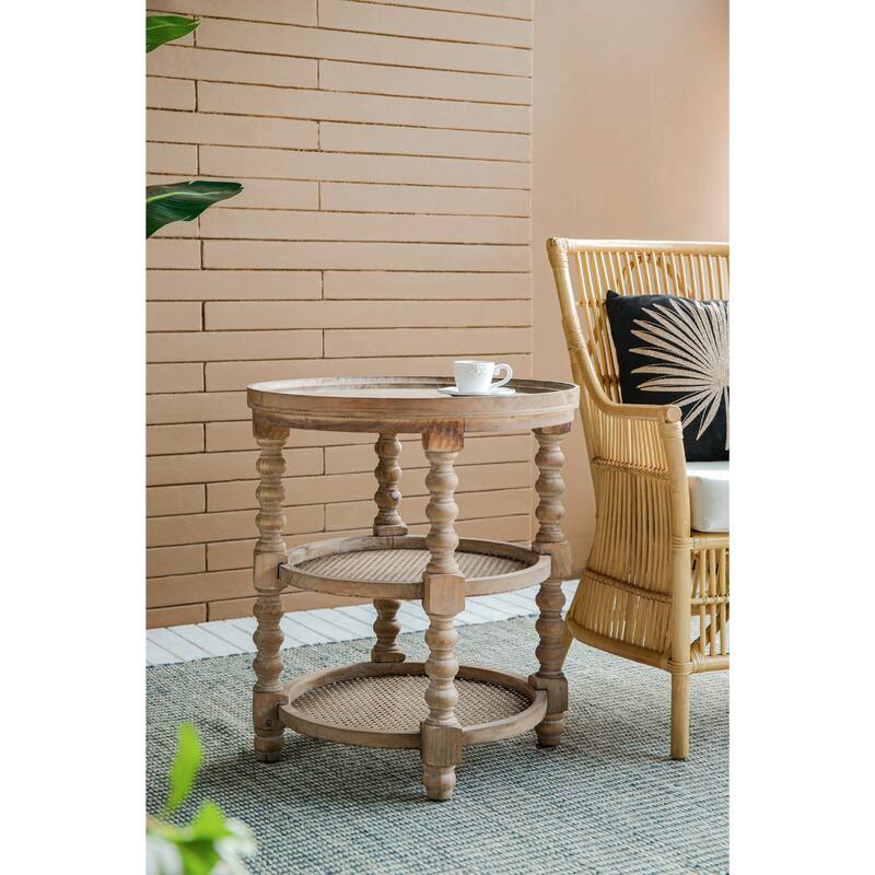 Round 3-Tiered Side Table, Natural Wood End Table