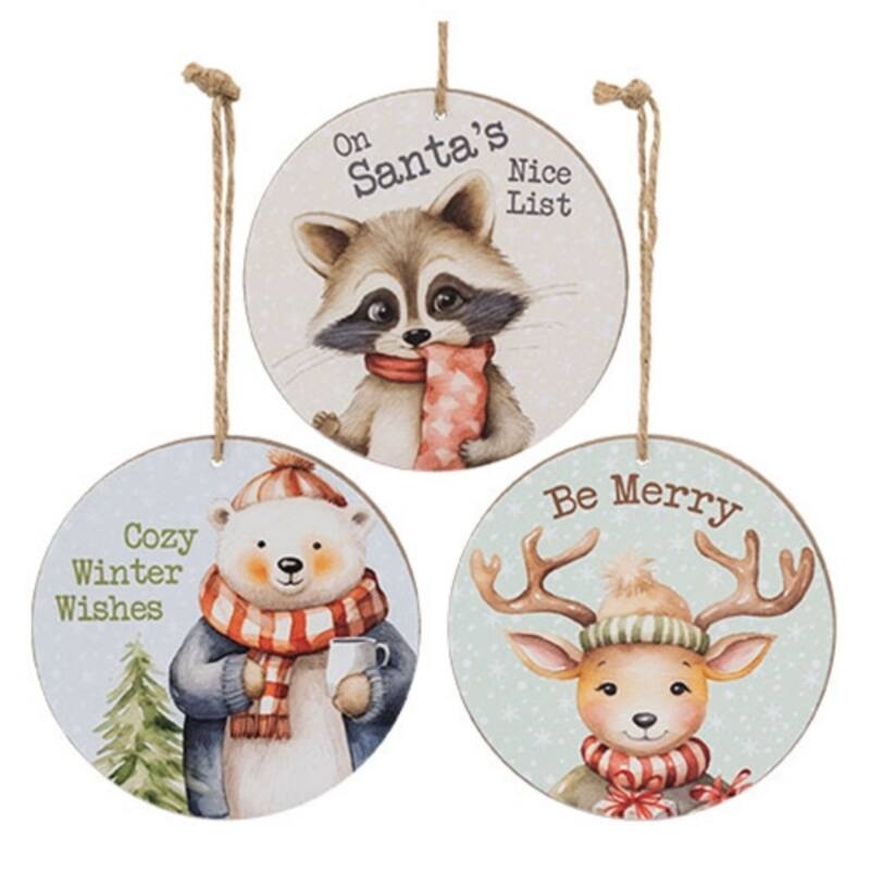 Cozy Winter Animal Ornaments Wooden Christmas Decorations with Jute Hangers 3 Asstd. - 4" H x 4" W x .25" D