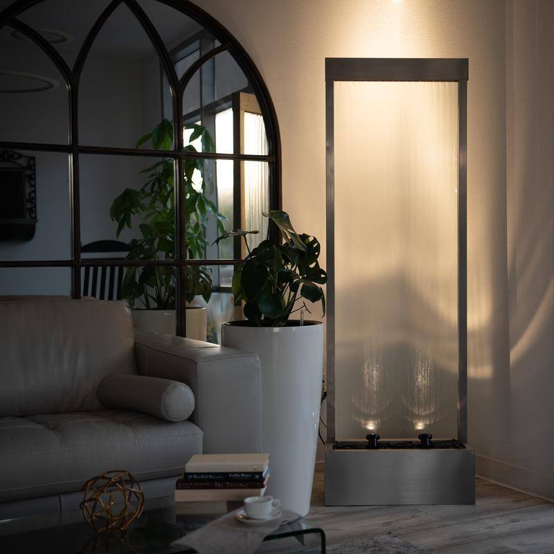 XBrand 72" Steel/Glass Free-Standing Waterfall Fountain w/ Pump, LED Lights and Rocks