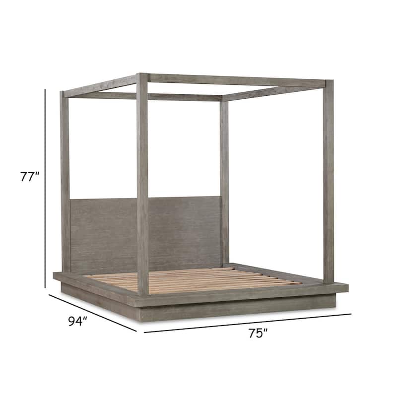 Nels Queen Platform Canopy Bed, Low Profile, Mitered Edges, Mineral Gray