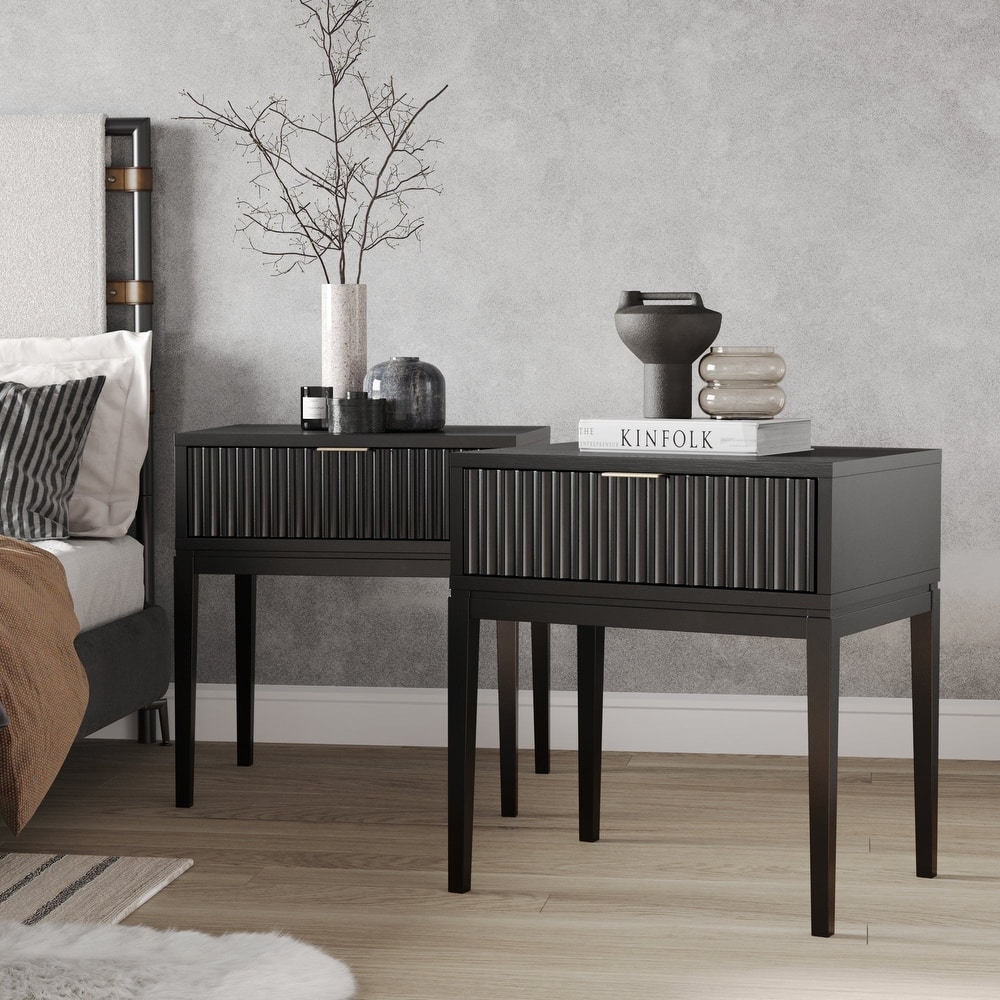 Jasper Mid-Century Modern Nighstand, Side Table with Storage and Fluted Drawer Doors with Brass Handles