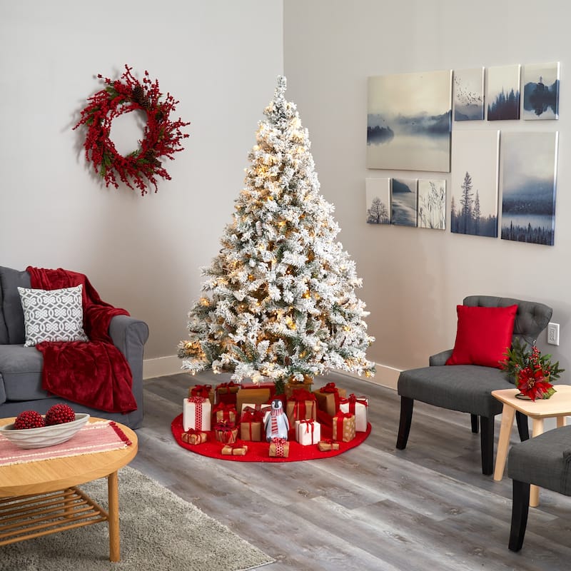 7ft Artificial Christmas Tree with Lights & Pinecones - Flocked Mountain Pine Holiday Decor - White - 84