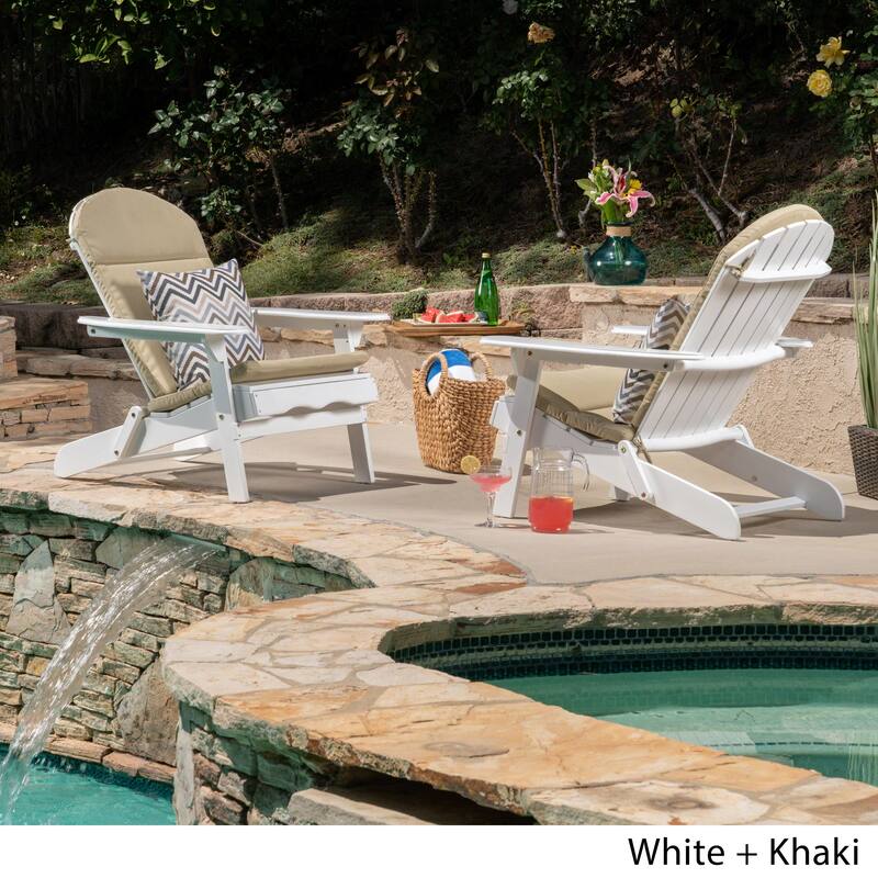 Malibu Outdoor Acacia Wood Folding Adirondack Chairs with Cushions (Set of 2) by Christopher Knight Home - White+Khaki Cushion