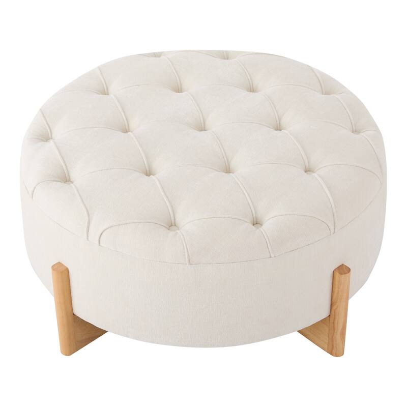 32" Round Tufted Ottoman with Solid Wood Legs, Modern Coffee Table with Tufted Buttons, Piping Lines, Chenille Fabric Footrest