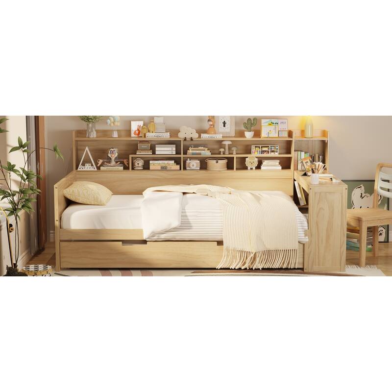 Wooden Twin Size Daybed with Storage Shelves, Multi-functional Bed with Twin Size Trundle Bed and Study Desk, Natural