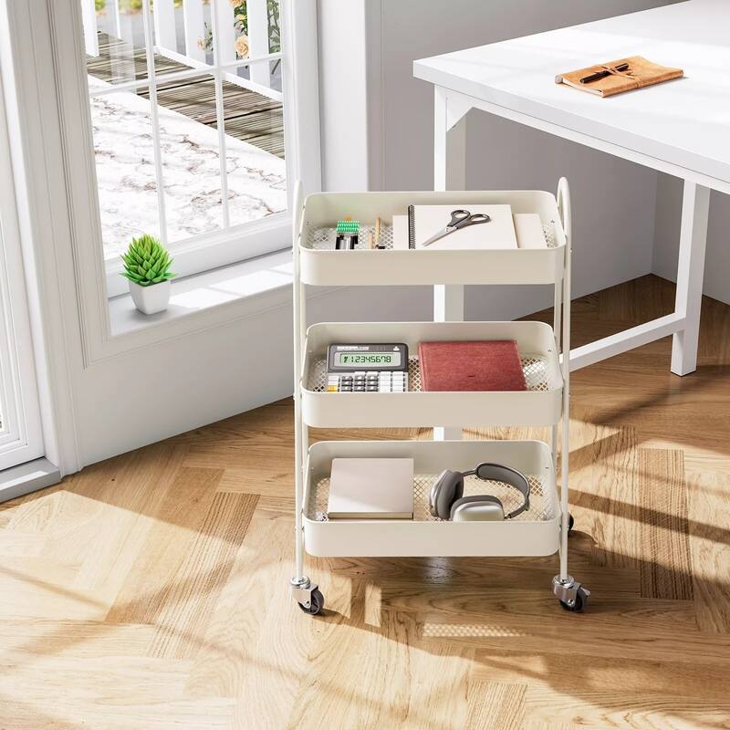 3-Tier Metal Rolling Utility Cart Multifunctional Organizer with Handle and Lockable Wheels - 17.4"D x 12.04"W x 31.02"H