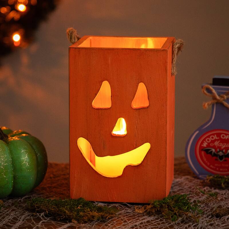 Large Orange Wood Jack O Lantern Halloween Candle Lantern - 8"