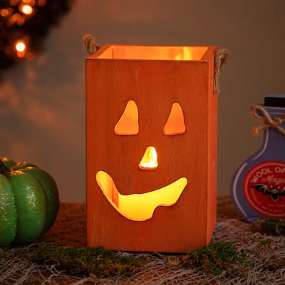 8" Large Orange Wood Jack O Lantern Halloween Candle Lantern
