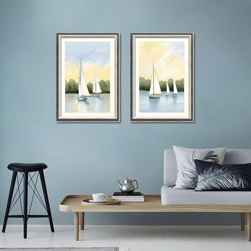 Set of 2 Sailboat Framed Wall Art - Replaceable Canvas Prints with Solid Wood Picture Frames, Nautical Wall Decor - Green,Pink