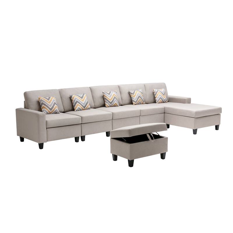 Linen Fabric 6 Piece Reversible Sectional Sofa Chaise with Interchangeable Legs, 5 Pillows and Storage Ottoman in Beige