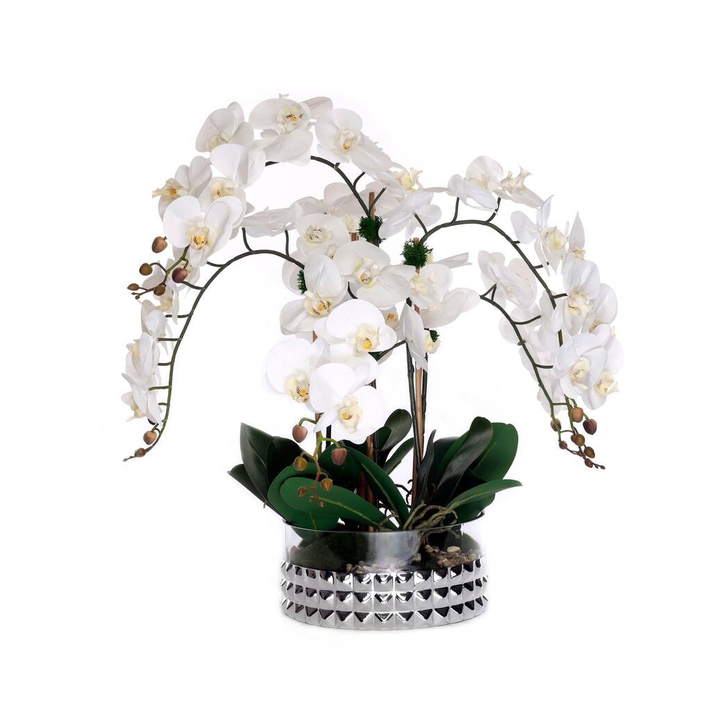 Real Touch Phalaenopsis Orchids /Moss/pebbles in Glass Silver Bowl