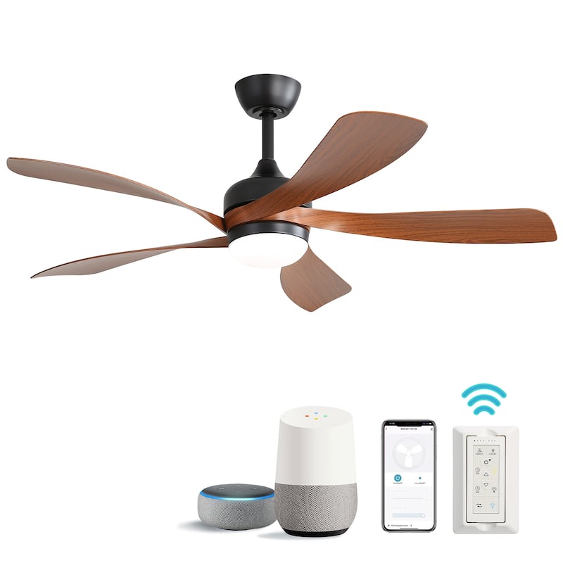 45 Inch / 52 Inch White Ceiling Fan with Dimmable LED Light and Remote, 6-Speed Reversible DC Motor, ABS Blades - Smart 52 Inch With APP/Voice/Remote Control - Black With Deep Brown ABS Blades