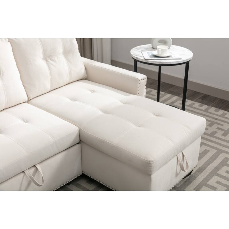 77" Velvet Reversible Sleeper Sofa with Storage Chaise and Pull-Out Bed, 2-Seater