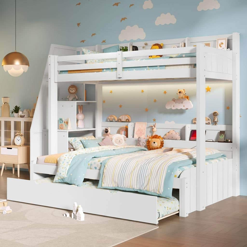 Twin over Full Bunk Bed with Storage Stairs, Trundle, LED Shelf & USB Port by Harper&Bright Designs