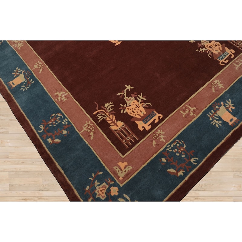 Hand Tufted LoomBloom Brown Oriental Area Rug Multi Sizes Featuring Vase Transitional Chinese Art Deco in New Zealand Wool