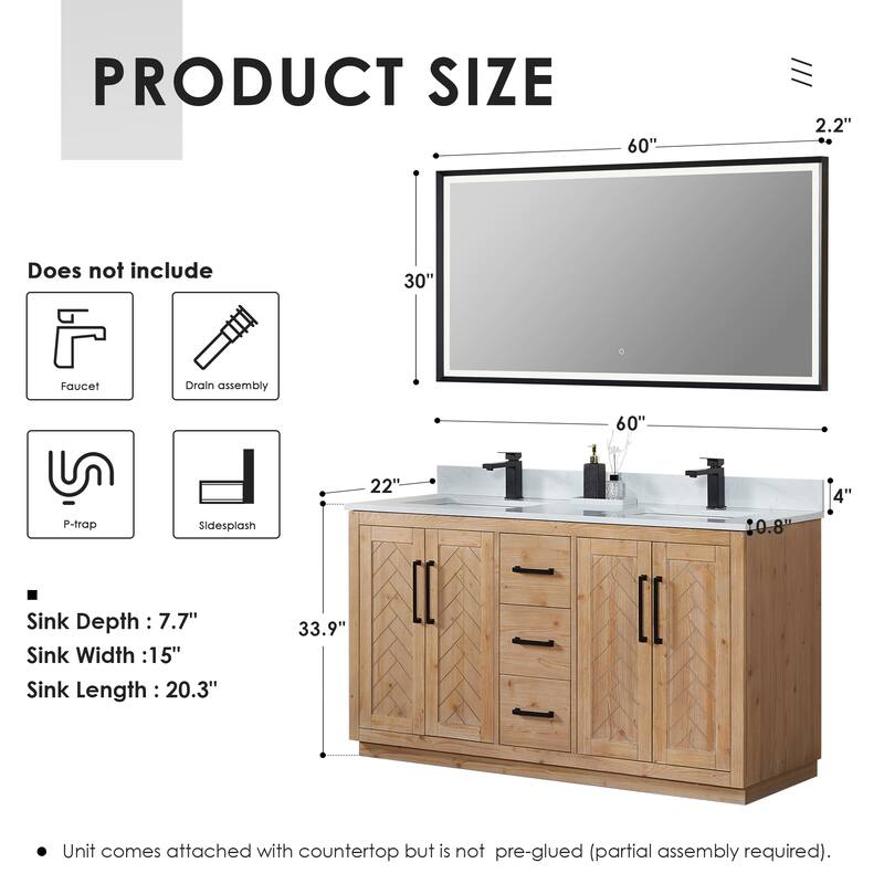 Anais Single Bathroom Vanity in Light Brown with Grain White Engineered Stone Countertop with Mirror