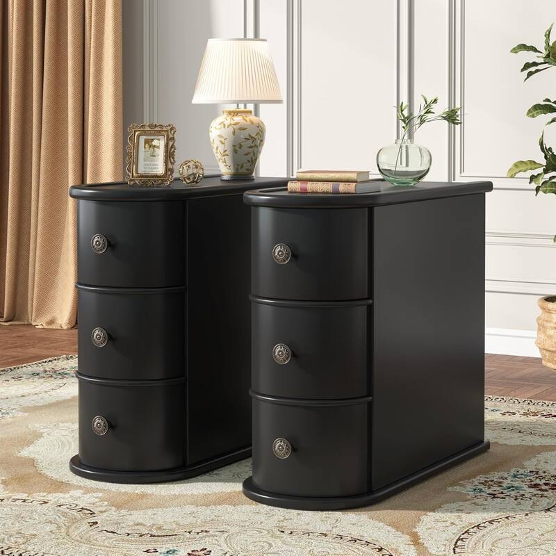 Solid Wood End Table, Two-Drawer Narrow Side Table, Fully Assembled - 2 PCS-3 Drawers - Black