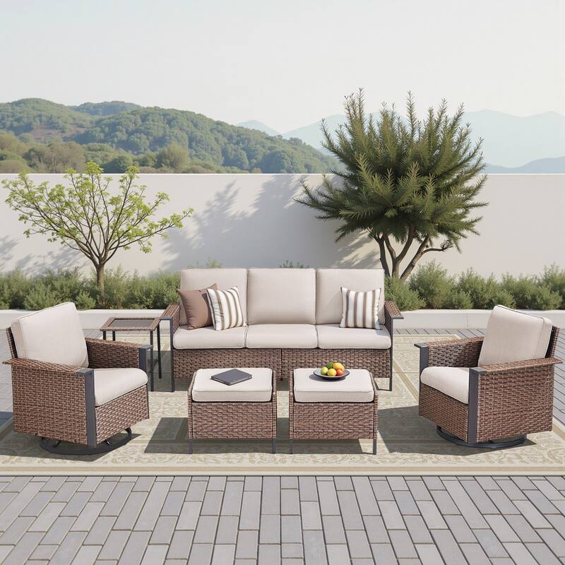 Pocassy Outdoor Wicker Sofa Glider Chair with Ottoman Set - Brown Wicker Beige Cushion - 5-Piece Sofa Swivel Chair Table with Ottoman