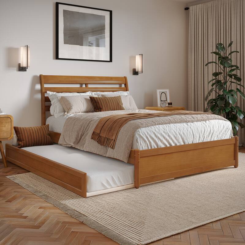Emelie Platform Bed with Panel Footboard and Twin Trundle - Light Toffee - Full