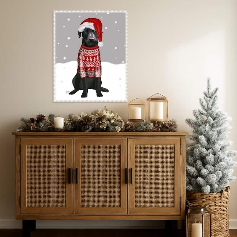 Black Labrador Christmas Sweater 1 by Fab Funky (23 x 28 in.), Framed Canvas Wall Art Print - Sylvie Beaded White