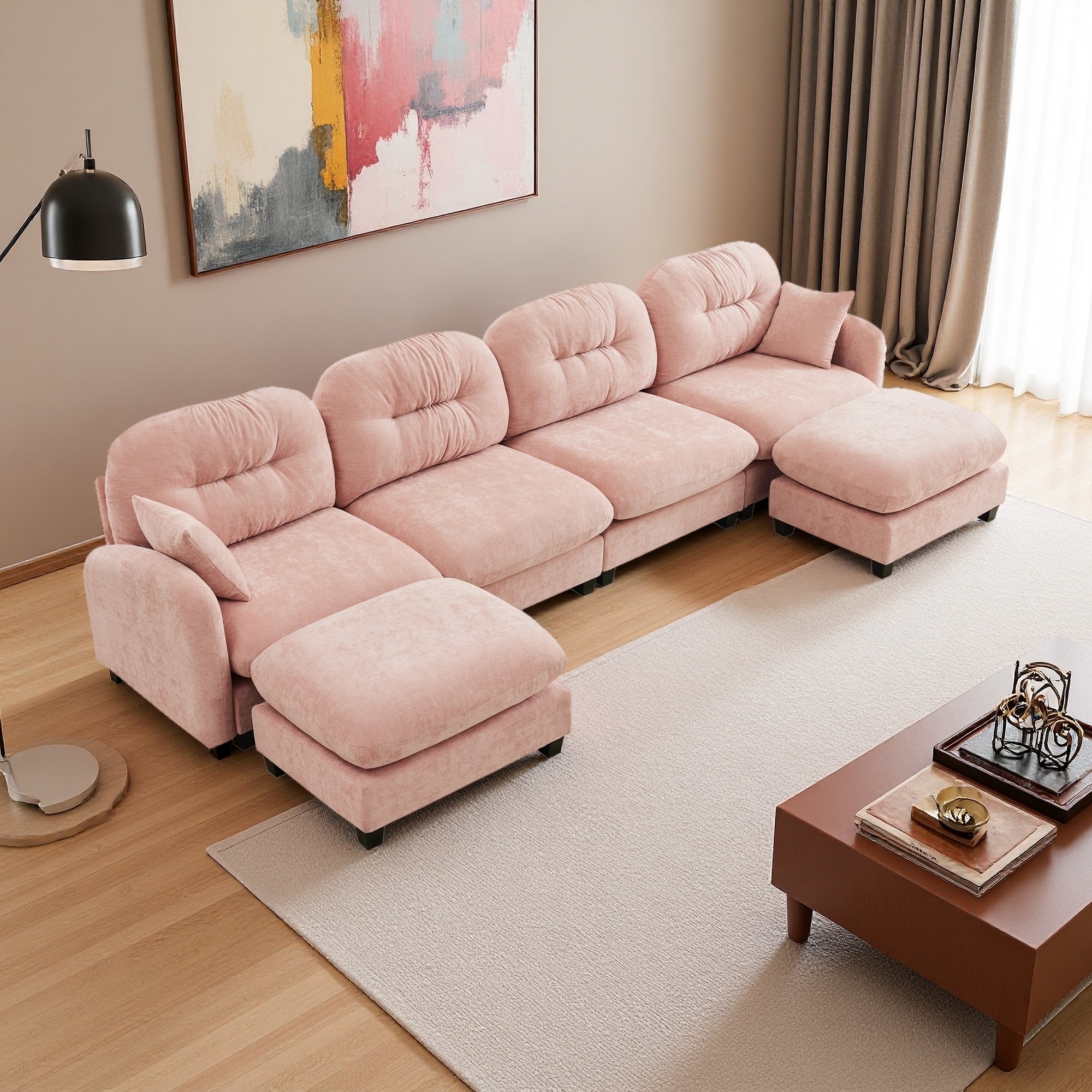 140" Chenille Modular U-Shaped Sectional Sofa with Ottoman & Tufted Backrest