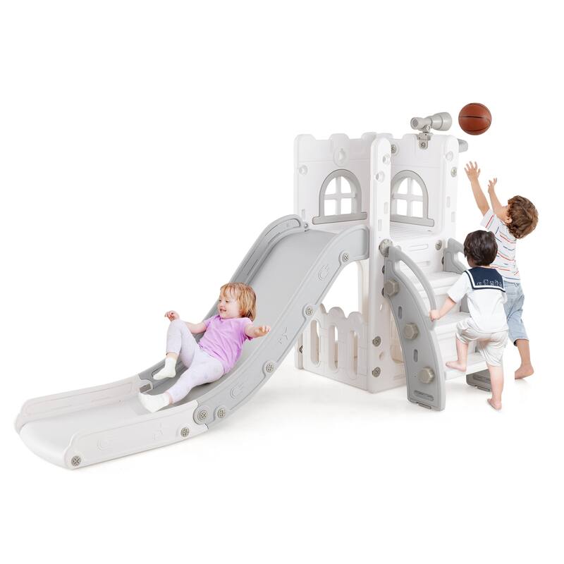 6 in 1 Toddler Slide and Playset for Kids with Basketball Hoop Climber Telescope and Storage - 27" x 57" x 33.5" (L x W x H)