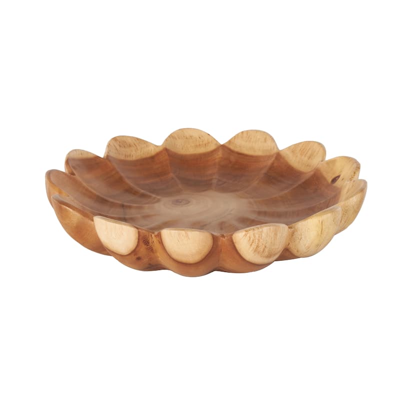 Teak Wood Floral Handmade Decorative Bowl with Light Brown Tones - Brown - Roche River Decor - 17"W x 17"L x 4"H