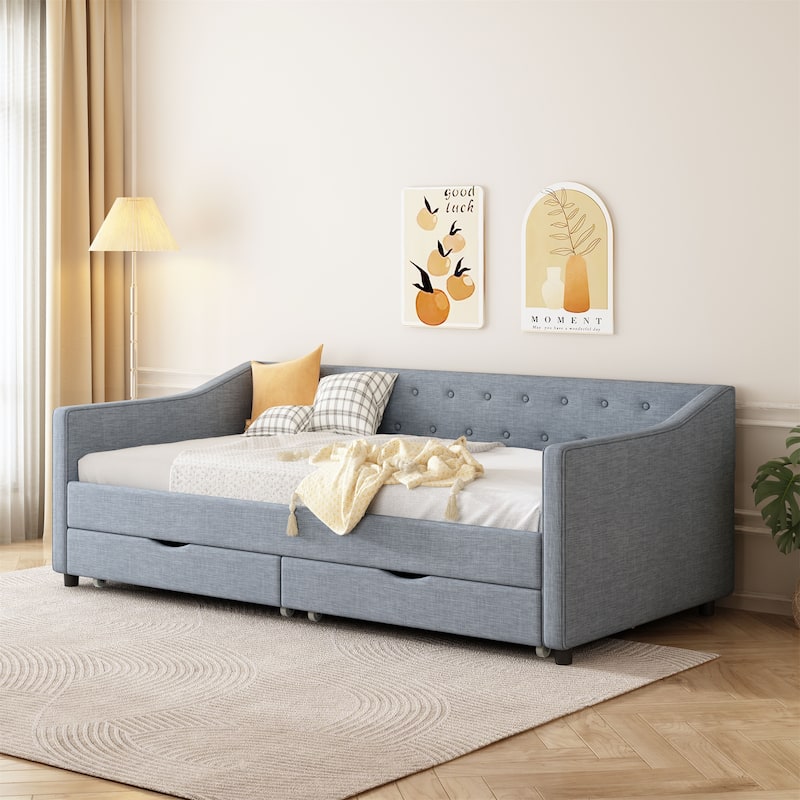 Twin Size Daybed with Drawers Upholstered Tufted Sofa Bed - Light Grey