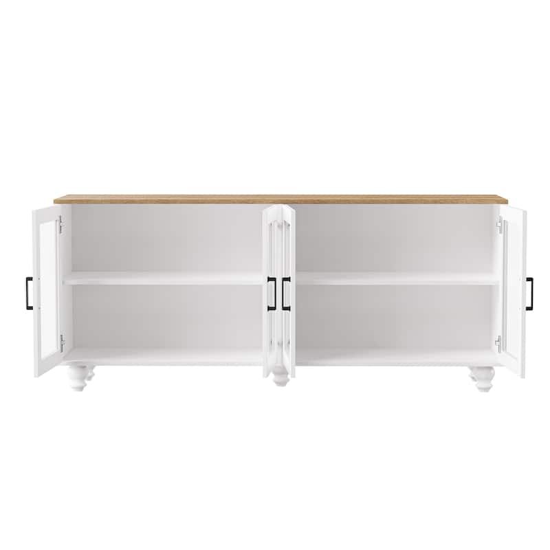White+Walnut Farmhouse 63" TV Stand Cabinet with Tempered Glass Doors and Adjustable Shelves for TVs Up to 70"