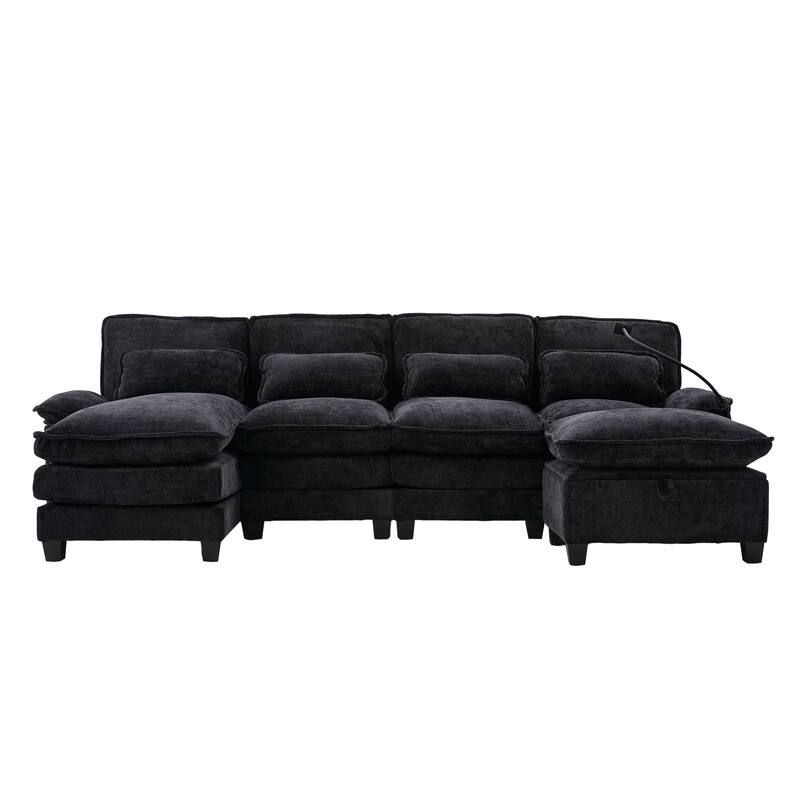 Chenille U-shape Sectional Sofa with Chaise and Storage Ottoman, Modular Couch with USB/Type-C Ports, Side Pockets, Phone Holder