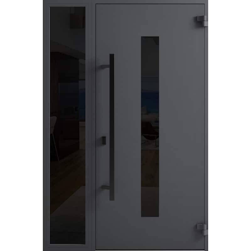 Front Prehung Steel Door Ronex 1011 Grey Side and Top Window Sidelite Stainless Inserts W36+12xH80+16 Lh I