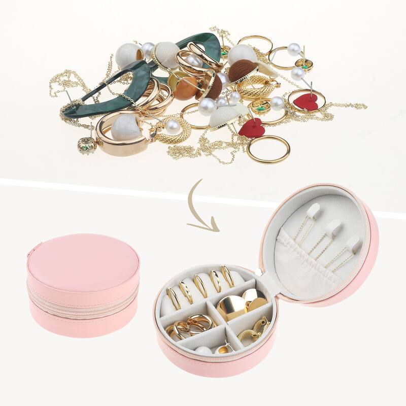 Travel Jewelry Box for Women Girls Birthday Gifts, Small Round Portable PU Leather Jewelry Organizer Case for Earring Necklace