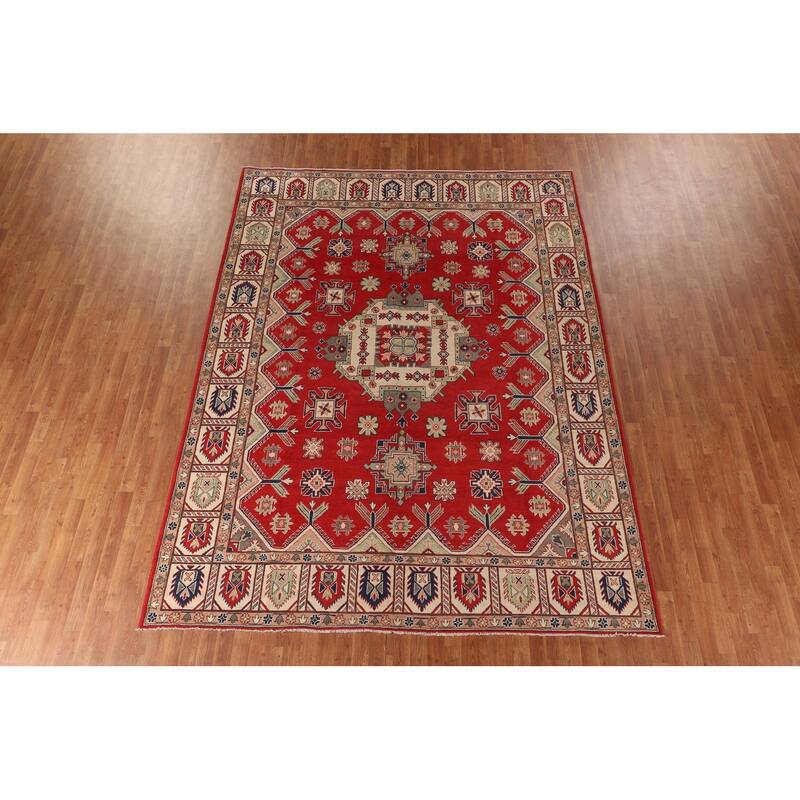 Geometric Red Kazak Area Rug Handmade Wool Carpet - 8'5"x 11'3"