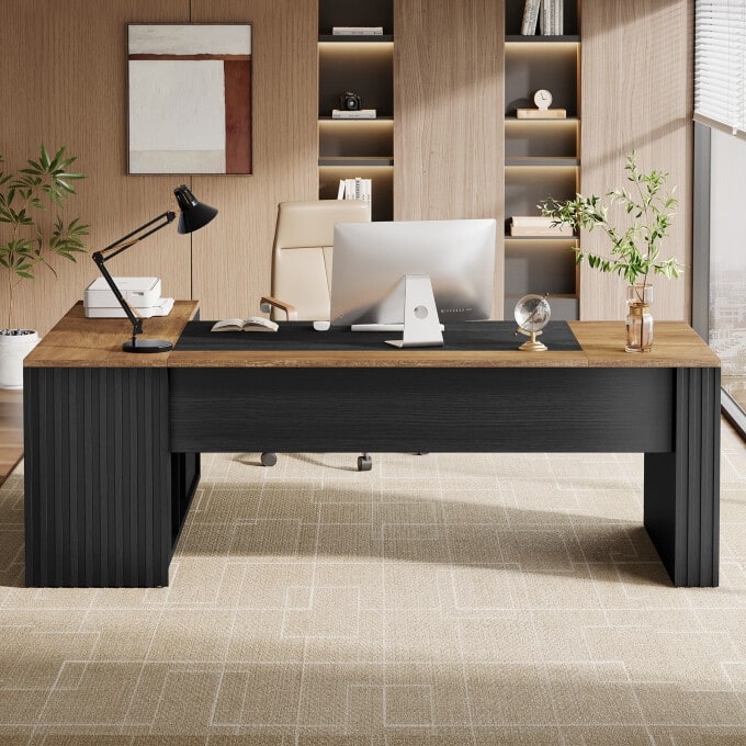 78" L Shaped Executive Office Desk with Cabinet and Storage Shelves