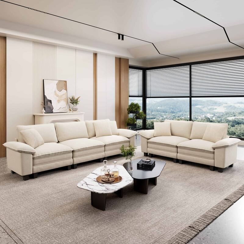 MAISON ARTS 2-Piece Chenille & Corduroy Sofa Set, Comfy 3/4/5-Seater Modular Loveseat & Armchair with Throw Pillows - Beige Chenille(5 Pieces) - Left Facing