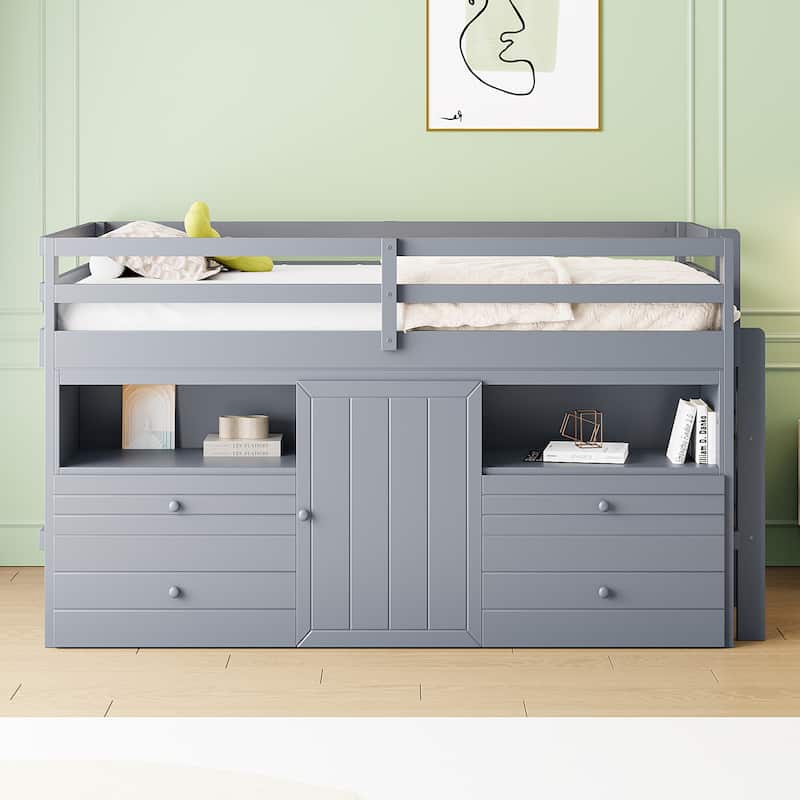 Twin Size Loft Bed with 4 Drawers, Underneath Cabinet and Shelves, White - Gray