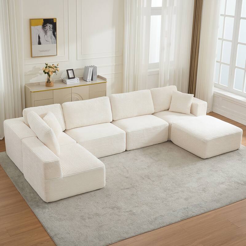 Oversized Chaise Lounge Sofa with Pillows - Beige